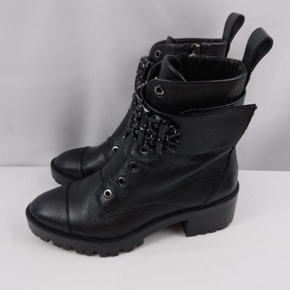 Karl Lagerfeld PIPPA Black Pebbled Leather Rhinestone Combat Boots Size 6M - Picture 7 of 16